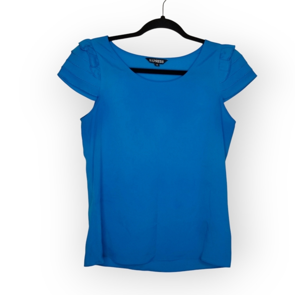 Y2K Express blouse top shirt blue cap sleeve ruffle chiffon women's XS Going Out